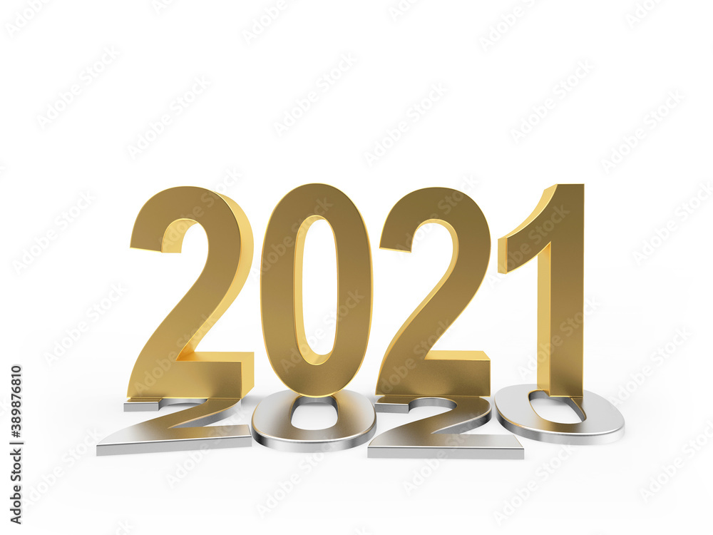 Gold numbers 2021 stands on silver reclining numbers 2020 against a white background. 3d illustration Gold numbers 2021 stands on silver reclining numbers 2020 against a white background. 3d illustration