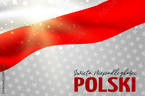 Święto Niepodległości Polski 11 listopada (in Polish) - Poland Independence Day 11 November. Holiday celebration banner or poster. Decoration graphics with national red and white flag. 