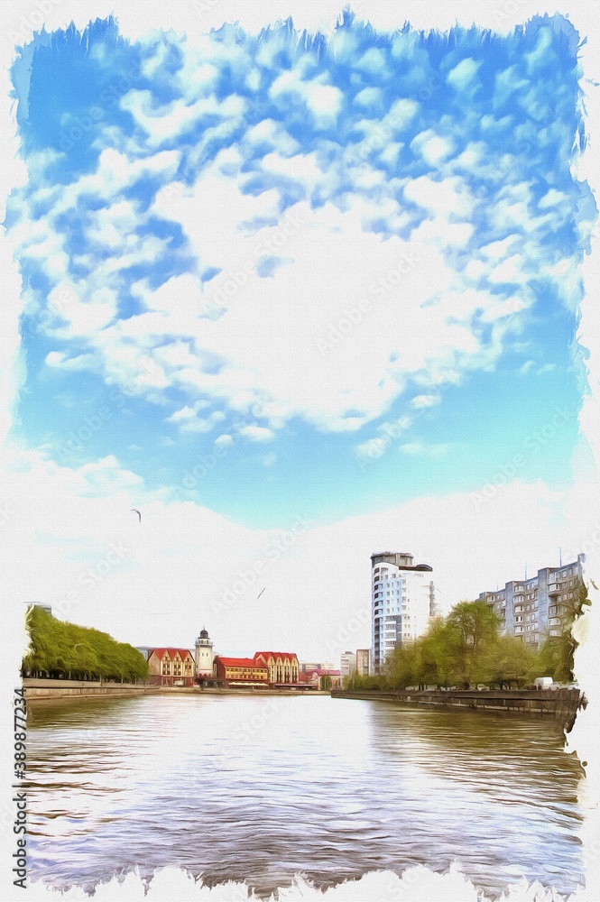 Fototapeta premium The city of Kaliningrad. Lighthouse in Fish Village. Imitation of oil painting. Illustration