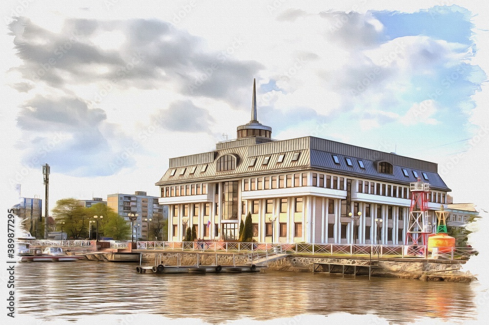 Obraz premium Administration of the seaport of Kaliningrad. Imitation of oil painting. Illustration