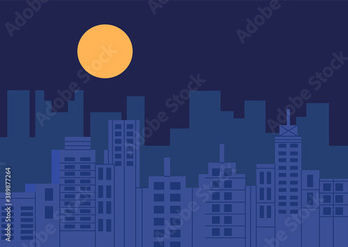Night city vector illustration. Dark urban scape. Modern city with skyscrapers with night atmosphere clear sky and round moon urban buildings landscape, abstract background cityscape in flat style