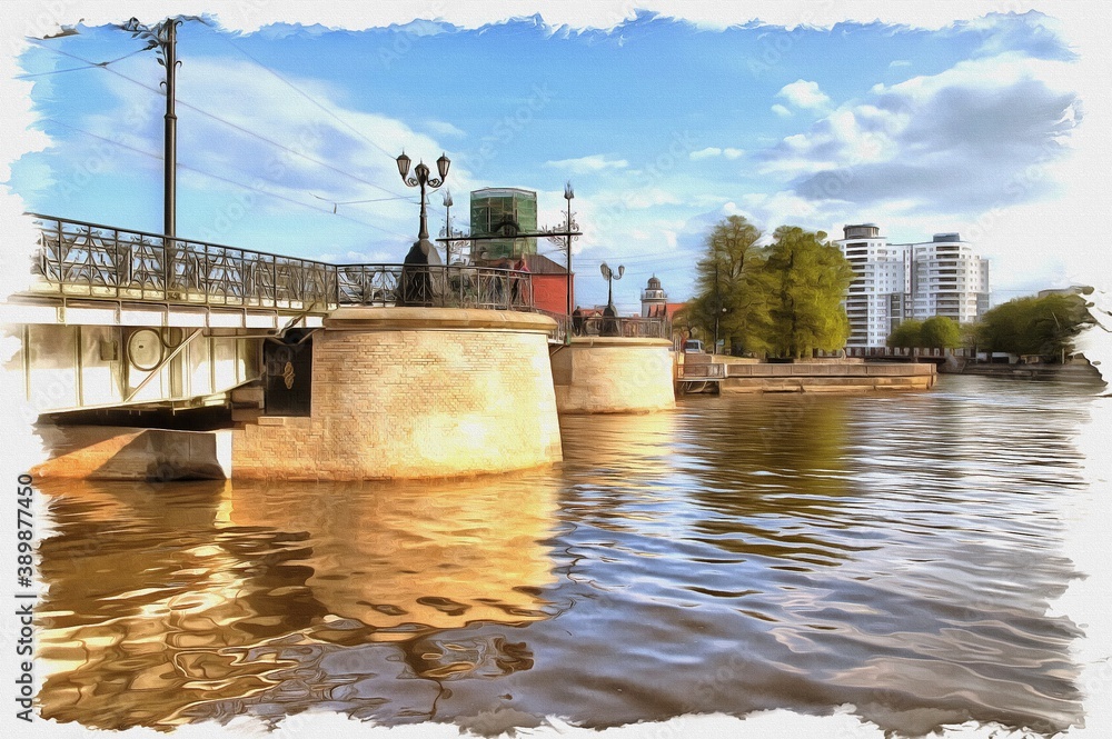 Kaliningrad. Derevyannyy bridge. Imitation of oil painting. Illustration