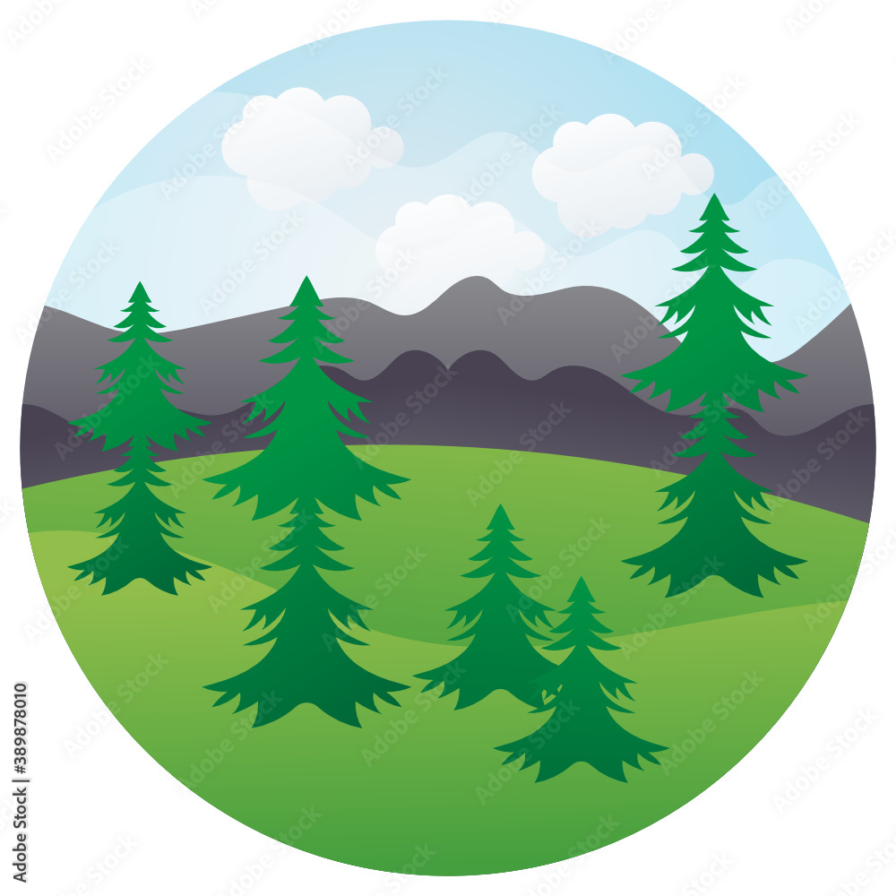 Fototapeta premium Mountains Hills Green Grass Tree Nature Landscape Sky and Cloud Concept Vector Icon Design, National Park Sign 
