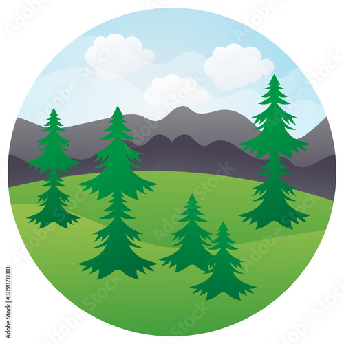 Mountains Hills Green Grass Tree Nature Landscape Sky and Cloud Concept Vector Icon Design  National Park Sign 