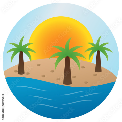 Fototapeta Naklejka Na Ścianę i Meble -  Relaxation sunset on a beach landscape, River Bank with Palm Trees and Big Sun is rising behind Sea Sand Vector Icon Design, The Exotic Island Resort Sign 