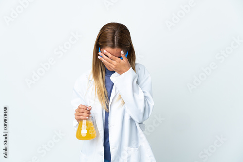 Young scientific woman isolated on white background with tired and sick expression