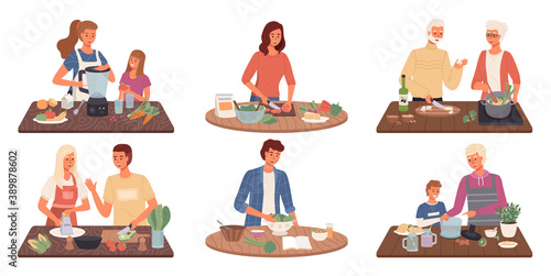 Set of people cooking vegetarian food. Healthy cooking, recipes, fresh vegetables. Family preparing vegetarian meal, they preparing food and making fun in kitchen. Cook salad for vegan lifestyle diet