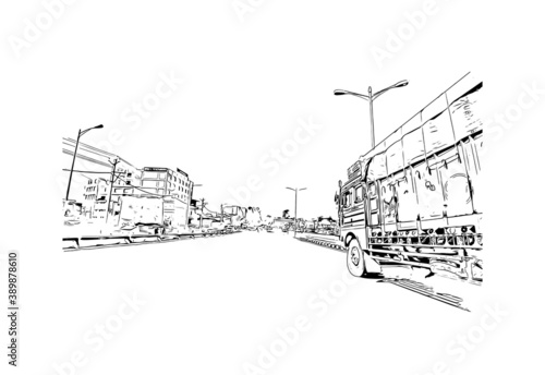 Building view with landmark of Chandigarh, the capital of the northern Indian states of Punjab and Haryana. Hand drawn sketch illustration in vector.
