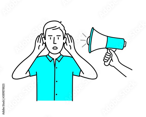 Man holding hands near his ears and trying to hear gesture. Hand holding megaphone. Vector illustration.