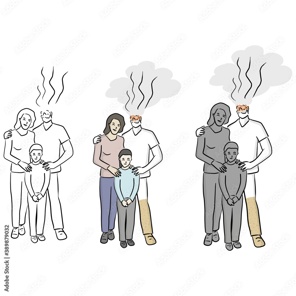 concept of no smoking and World No Tobacco Day with family in three version vector illustration sketch doodle hand drawn with black lines isolated on white background