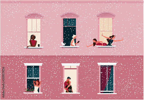 Lockdown. Quarantine life. Window frames with neighbors celebrating Christmas or New Year. Snow. Colorful vector illustration in modern flat style.