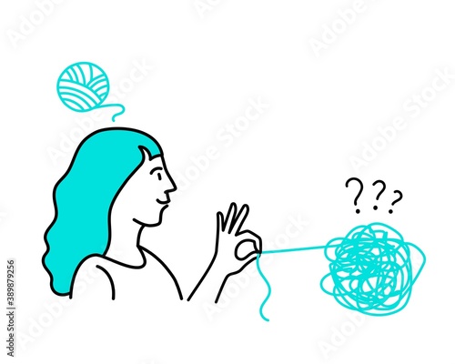 Woman hand unravels the tangle of thoughts. Vector illustration.