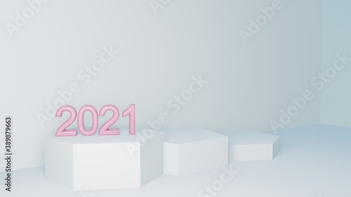 Product display  stand and shadow with 2021 number and copy space. Mock up podium in abstract white and blue pastel composition  3d rendering  3d illustration