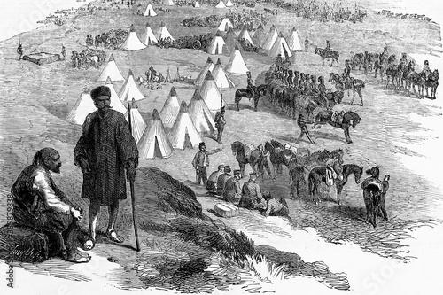 English encampment on the coast near Toula in the Crimea. Battle on the Alma, Crimean war. 1854. Antique illustration. 1867.