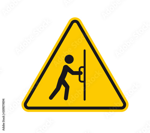 Vector triangle yellow sign danger. Figure closing door and text: Please close the door. Isolated on white background.