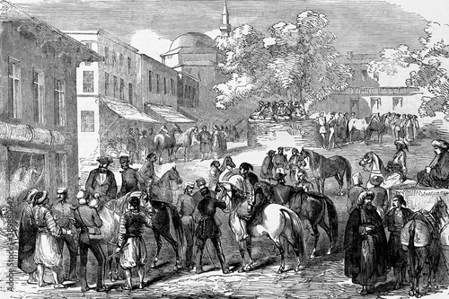 Horse bazaar at Constantinople, currently Istanbul, Turkey. Antique illustration. 1867.