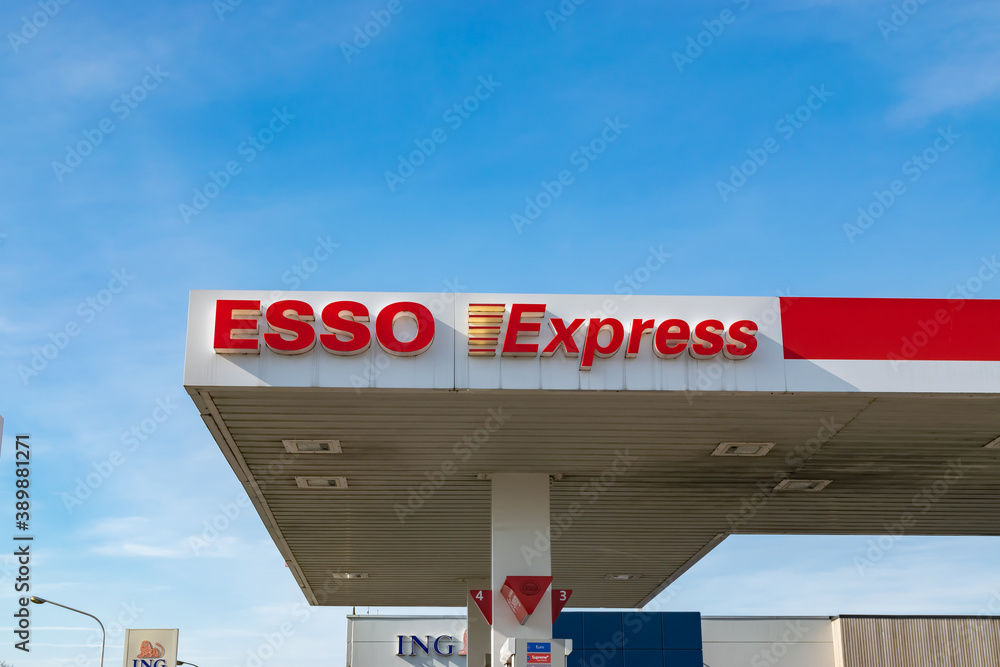 Mouscron,BELGIUM-March 24,2019: View of the Esso gas  is a  trading name for  ExxonMobil is the largest company in  the world that deals in the sale of oil and gas. Stock