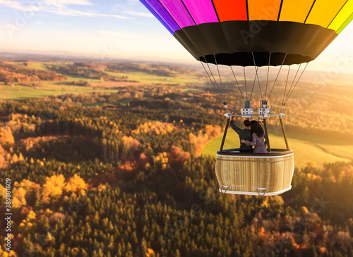 Aerial view from a hot air balloon with loving couple