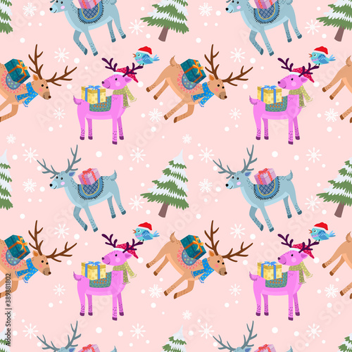 Cute reindeer wear Christmas hat with gift in winter pattern.