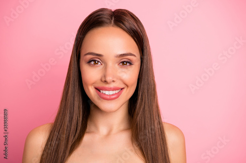 Close-up portrait of her she nice attractive lovely charming adorable cheerful cheery straight-haired lady perfection plastic surgery isolated over pink pastel background