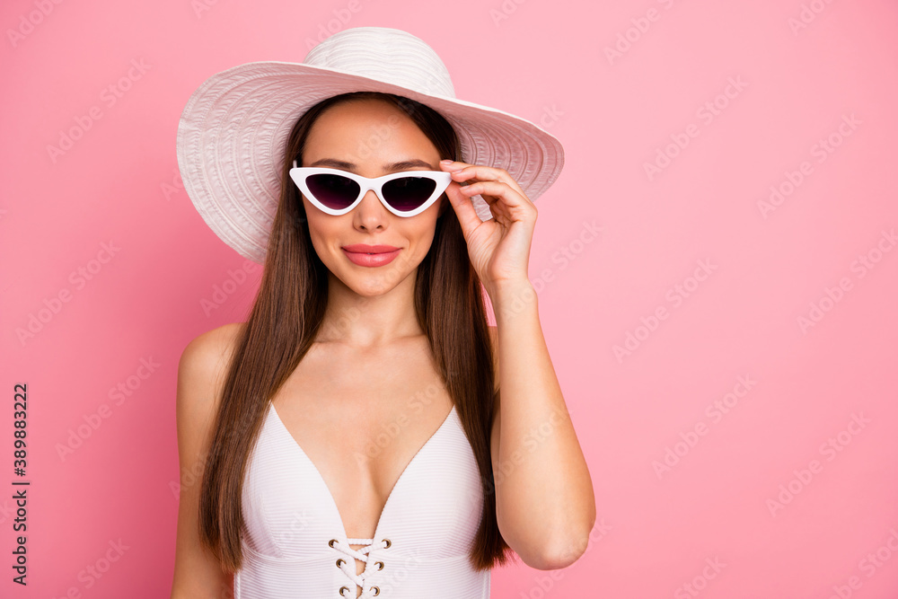 Close-up portrait of her she nice-looking attractive lovely charming pretty winsome content dreamy cheerful cheery straight-haired lady touching specs isolated on pink pastel background Close-up portrait of her she nice-looking attractive lovely charming pretty winsome content dreamy cheerful cheery straight-haired lady touching specs isolated on pink pastel background