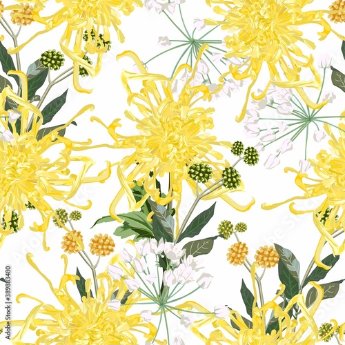 Seamless pattern of hand drawn bright yellow chrysanthemums with green leaves in Japanese graphic style.