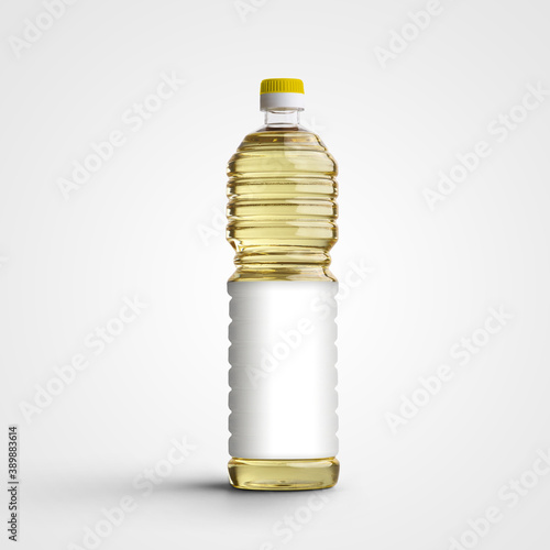 Template of a plastic bottle with vegetable, extra virgin olive oil, volume 1000ml, omega 3,6,9, isolated on background. photo