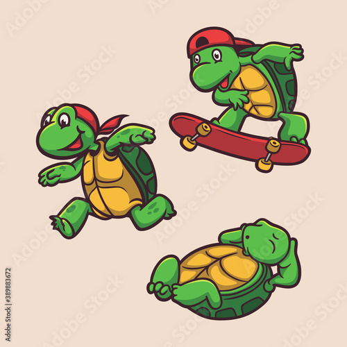 tortoise was running, skateboarding and sleeping animal logo mascot illustration pack
