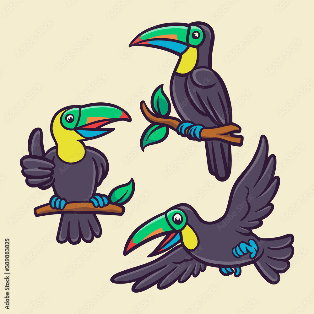 Obraz premium toucan bird is flying and perched on a tree trunk animal logo mascot illustration pack