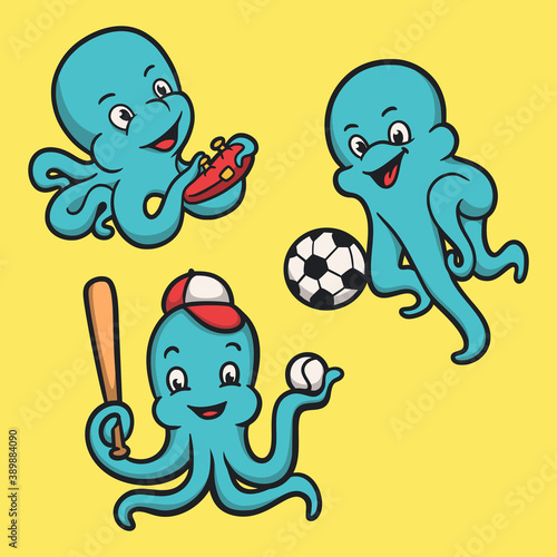 octopus playing games  ball and baseball animal logo mascot illustration pack