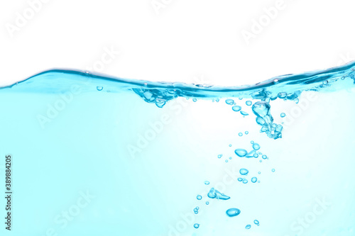 Water wave splash clean blue and bubbles isolated on white water background with copy space