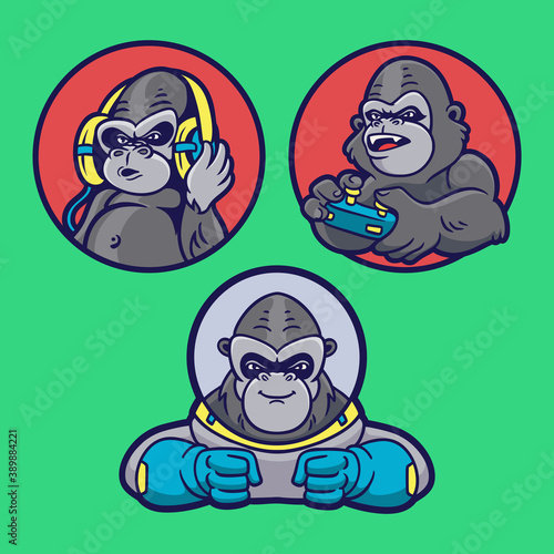 gorilla listen to music, play games and become an astronaut animal logo mascot illustration pack