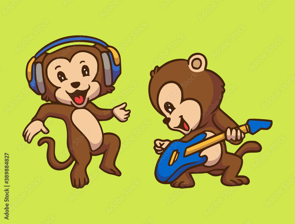 Obraz premium cartoon animal design monkey listening to music and playing guitar cute mascot illustration
