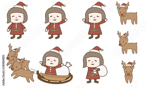 女の子のサンタとトナカイセット-手描きイラスト