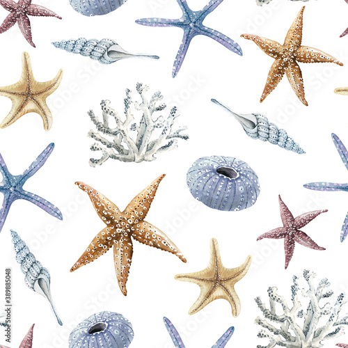 Photography seamless pattern with watercolor illustrations in nautical style on white backgr