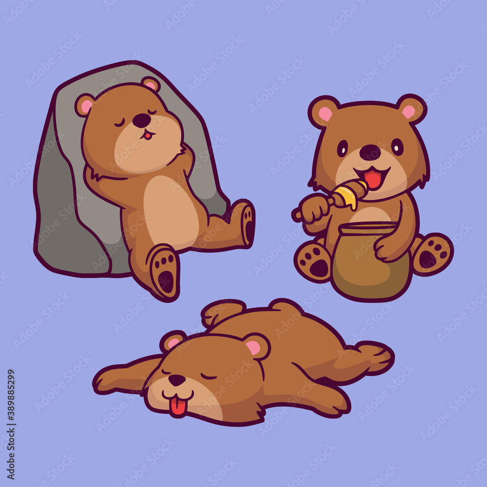 cartoon animal design grizly leaned against the rock, ate honey and slept cute mascot illustration cartoon animal design grizly leaned against the rock, ate honey and slept cute mascot illustration