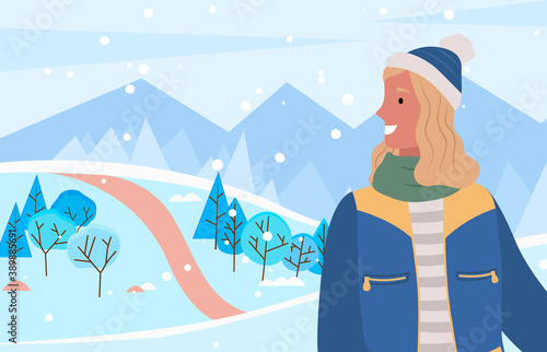 Pretty woman standing on pathway. Person smiling and posing in winter wood alone. Lady dressed in hat and overcoat. Beautiful landscape with snowy trees, snowfall weather. Vector illustration in flat