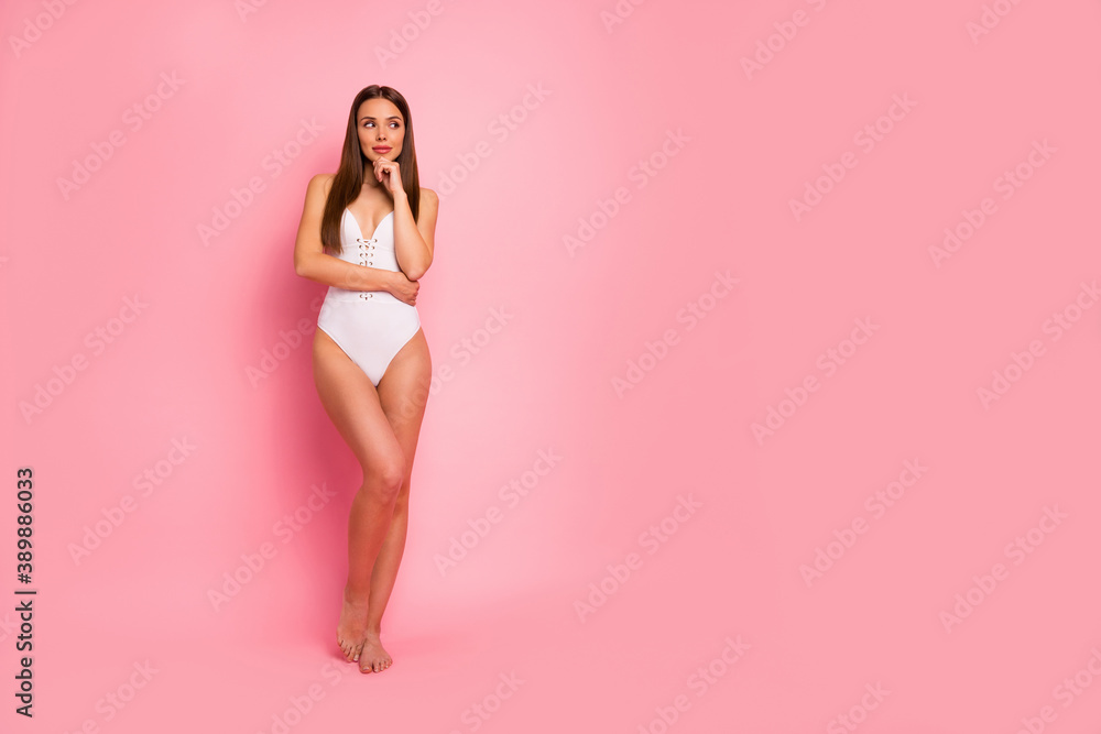 Full length body size view of her she nice-looking attractive lovely lovable adorable sweet winsome stunning fit thin sportive straight-haired lady posing creating plan isolated over pink background - obrazy, fototapety, plakaty 