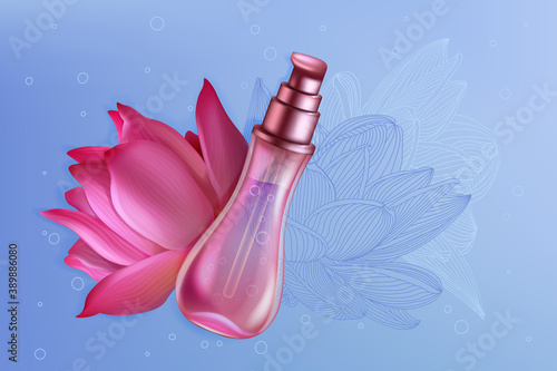 Luxury pink lotus lily perfume product pack vector illustration. Realistic 3d design for brochure catalog or magazine with perfume packaging spray bottle and beautiful natural lotus flower background