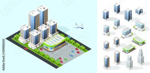 Realistic High Quality Town . Set of Isolated Isometric City Elements