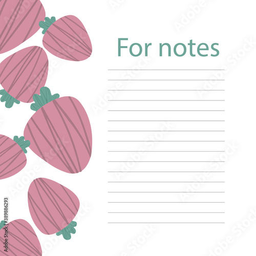 Cookbook page vector template. A place to write recipes. Vector illustration. Fruit. Strawberries in a cartoon style