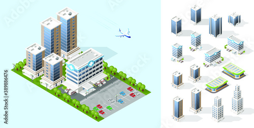 Realistic High Quality Town . Set of Isolated Isometric City Elements