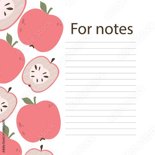 Cookbook page vector template. A place to write recipes. Vector illustration. Fruit. Apple in cartoon style