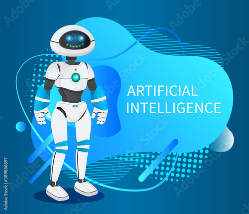 Futuristic robot like a human, artificial intelligence. Innovative humanized model of robot. Realistic smiling android at abstract background with dotes, lines, circles. Cybernetic science, droid
