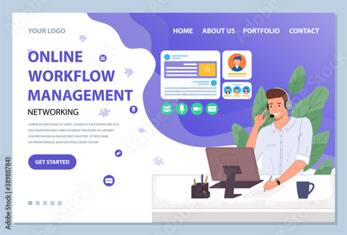 Character male call center hotline. Online support worker, telephone service operator. Dispatcher, workplace of customer support manager at computer desk. Remote service specialist with headphone