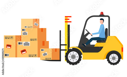 Forklift machine with man driver load and unload packages. Powered industrial truck used to lift and move containers on storehouse. Many cardboard boxes in warehouse. Vector illustration in flat style