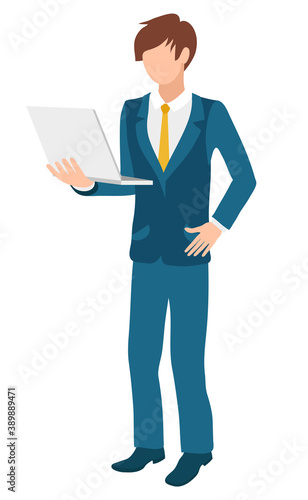 Businessman using laptop vector, isolated character wearing suit and tie. Formal representative of company with device gadget. Entrepreneur working