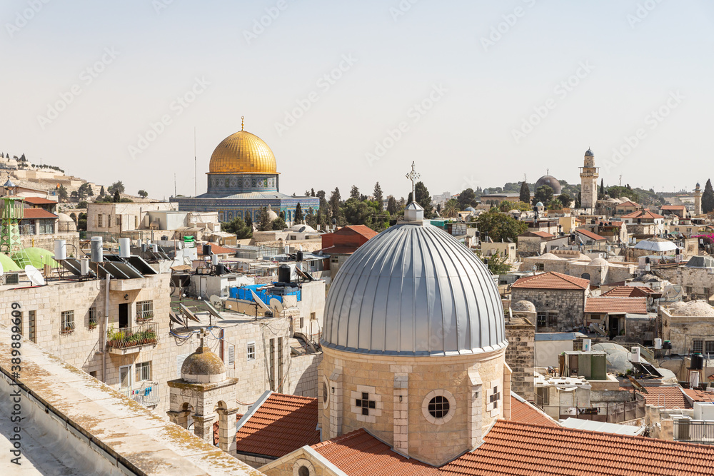 View from the roof of the Austrian Hospice building to the Dome of the Rock Mosque and the old city of Jerusalem in Israel