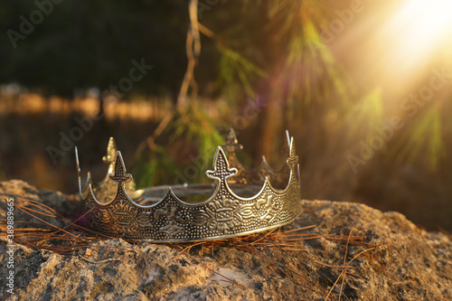 mysterious and magical photo of silver king crown in the England woods over stone. Medieval period concept.