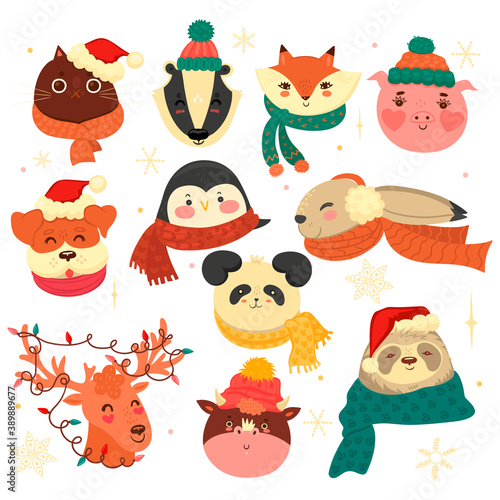 Set of Christmas animals isolated on a white background. Vector graphics.